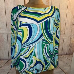 Chico's Multicolor Swirl Print Long Sleeve Blouse - cold shoulder bell sleeve XL
